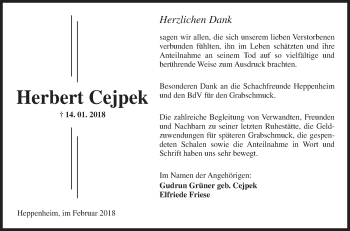 Traueranzeige von Herbert Cejpek von Bergsträßer Anzeiger