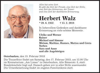 Traueranzeige von Herbert Walz von Fränkische Nachrichten