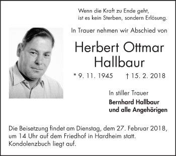 Traueranzeige von Herbert Ottmar Hallbaur von Fränkische Nachrichten