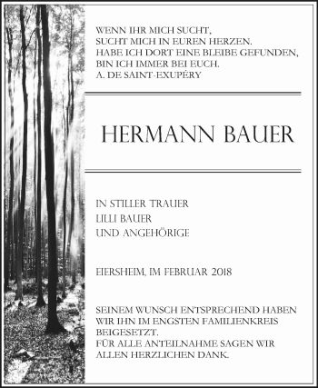 Traueranzeige von Hermann Bauer von Fränkische Nachrichten