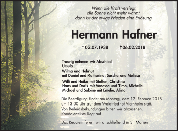 Traueranzeige von Hermann Hafner von Mannheimer Morgen