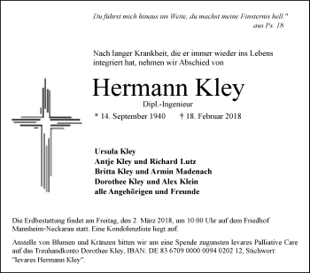 Traueranzeige von Hermann Kley von Mannheimer Morgen