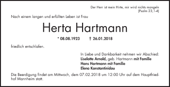 Traueranzeige von Herta Hartmann von Mannheimer Morgen / Schwetzinger Zeitung