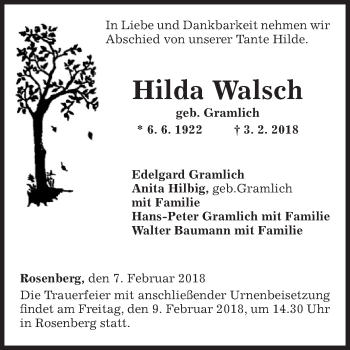 Traueranzeige von Hilda Walsch von Fränkische Nachrichten