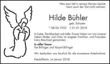 Traueranzeige von Hilde Bühler von Mannheimer Morgen / Schwetzinger Zeitung