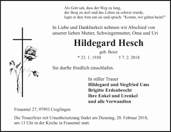 Traueranzeige von Hildegard Hesch von Fränkische Nachrichten