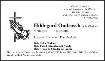 Traueranzeige von Hildegard Ondrusch von Mannheimer Morgen