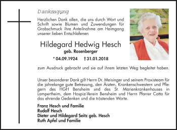 Traueranzeige von Hildegard Hedwig Hesch von Bergsträßer Anzeiger