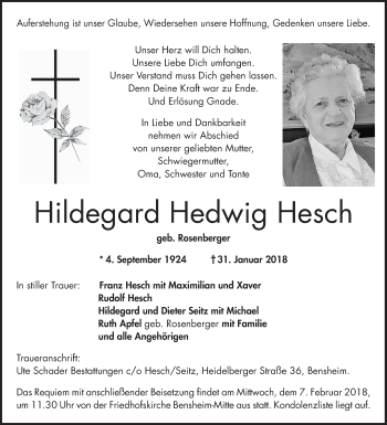 Traueranzeige von Hildegard Hedwig Hesch von Bergsträßer Anzeiger