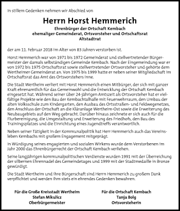 Traueranzeige von Horst Hemmerich von Fränkische Nachrichten