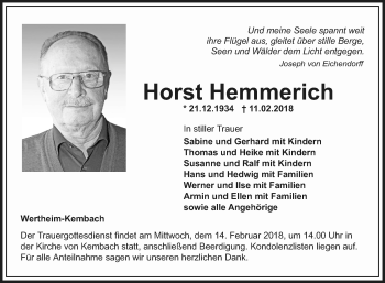 Traueranzeige von Horst Hemmerich von Fränkische Nachrichten