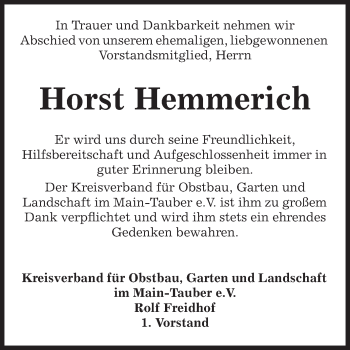 Traueranzeige von Horst Hemmerich von Fränkische Nachrichten