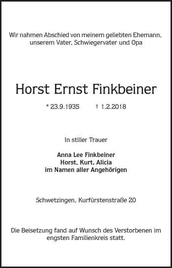 Traueranzeige von Horst Ernst Finkbeiner von Schwetzinger Zeitung