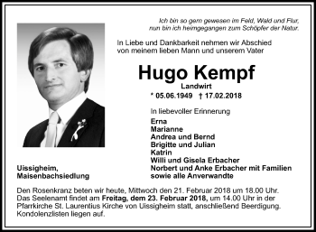 Traueranzeige von Hugo Kempf von Fränkische Nachrichten