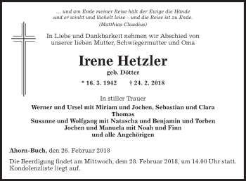 Traueranzeige von Irene Hetzler von Fränkische Nachrichten