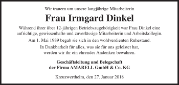 Traueranzeige von Irmgard Dinkel von Fränkische Nachrichten