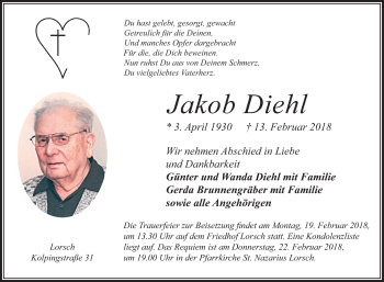 Traueranzeige von Jakob Diehl von Bergsträßer Anzeiger