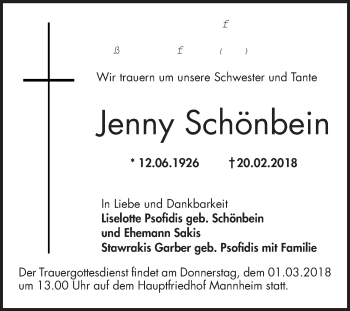 Traueranzeige von Jenny Schönbein von Mannheimer Morgen