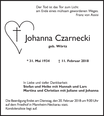 Traueranzeige von Johanna Czarnecki von Mannheimer Morgen