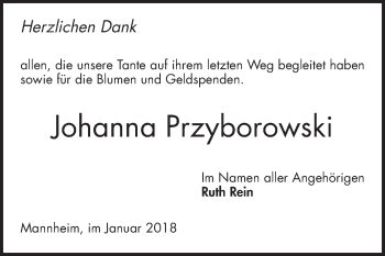 Traueranzeige von Johanna Przyborowski von Mannheimer Morgen / Schwetzinger Zeitung