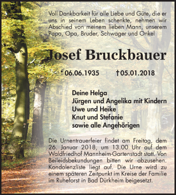 Traueranzeige von Josef Bruckbauer von Mannheimer Morgen / Schwetzinger Zeitung