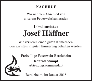 Traueranzeige von Josef Häffner von Fränkische Nachrichten