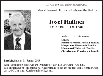 Traueranzeige von Josef Häffner von Fränkische Nachrichten