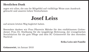 Traueranzeige von Josef Leiss von Fränkische Nachrichten