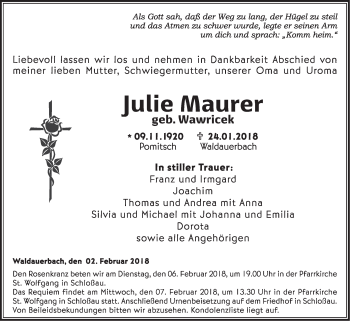 Traueranzeige von Julie Maurer von Fränkische Nachrichten