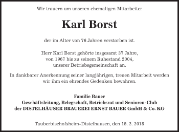 Traueranzeige von Karl Borst von Fränkische Nachrichten