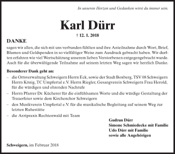 Traueranzeige von Karl Dürr von Fränkische Nachrichten