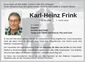 Traueranzeige von Karl-Heinz Frink von Fränkische Nachrichten