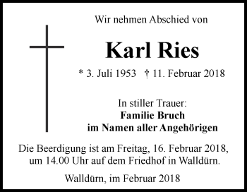 Traueranzeige von Karl Ries von Fränkische Nachrichten