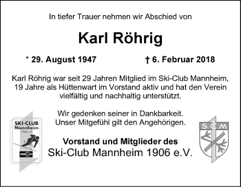 Traueranzeige von Karl Röhrig von Mannheimer Morgen