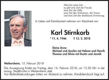 Traueranzeige von Karl Stirnkorb von Fränkische Nachrichten