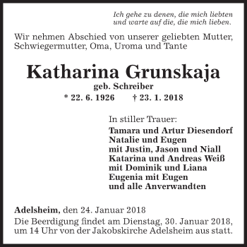 Traueranzeige von Katharina Grunskaja von Fränkische Nachrichten