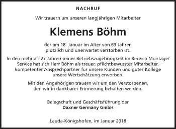 Traueranzeige von Klemens Böhm von Fränkische Nachrichten