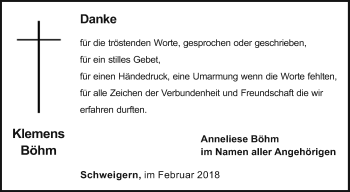 Traueranzeige von Klemens Böhm von Fränkische Nachrichten