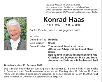 Traueranzeige von Konrad Haas von Fränkische Nachrichten