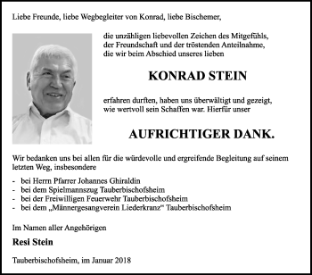 Traueranzeige von Konrad Stein von Fränkische Nachrichten