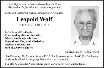 Traueranzeige von Leopold Wolf von Fränkische Nachrichten