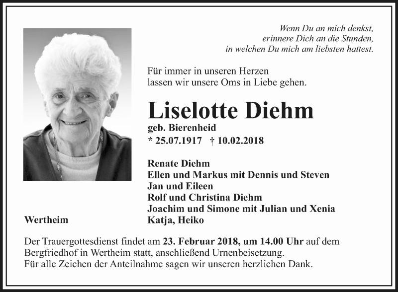  Traueranzeige für Liselotte Diehm vom 17.02.2018 aus Fränkische Nachrichten