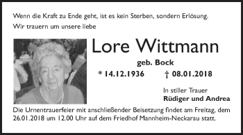Traueranzeige von Lore Wittmann von Mannheimer Morgen / Schwetzinger Zeitung