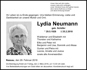 Traueranzeige von Lydia Neumann von Fränkische Nachrichten