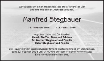 Traueranzeige von Manfred Stegbauer von Schwetzinger Zeitung