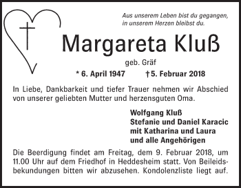 Traueranzeige von Margareta Kluß von Mannheimer Morgen / Schwetzinger Zeitung