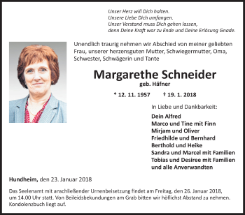 Traueranzeige von Margarethe Schneider von Fränkische Nachrichten