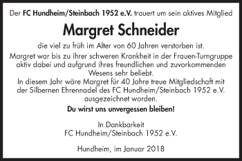 Traueranzeige von Margret Schneider von Fränkische Nachrichten