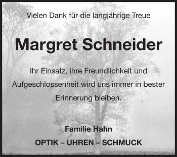 Traueranzeige von Margret Schneider von Fränkische Nachrichten