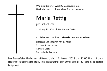 Traueranzeige von Maria Rettig von Mannheimer Morgen / Schwetzinger Zeitung